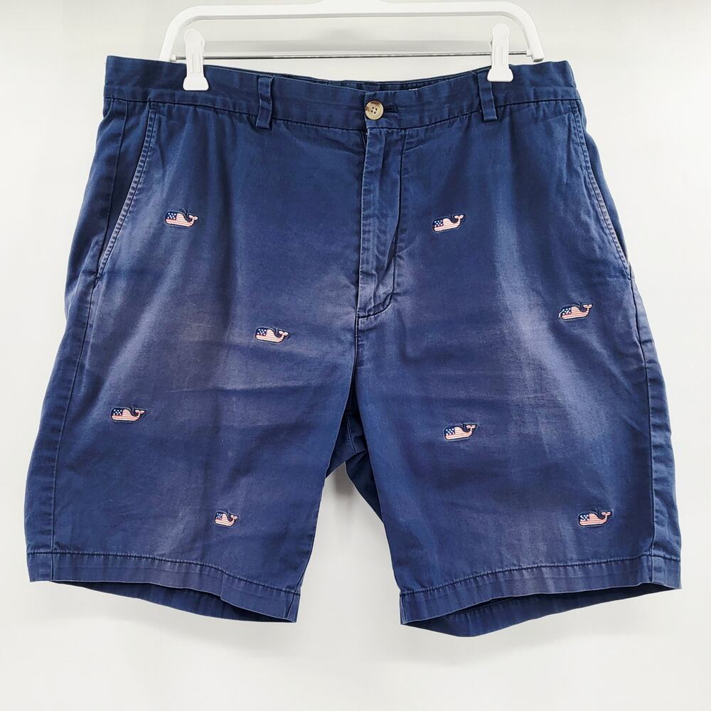 Vineyard Vines Blue Breaker Shorts Embroidered Patriotic Colorway Whales Size 38 - Picture 2 of 6